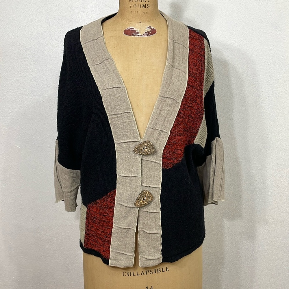Zele cardigan, linen/cotton, black, burgundy and tan, 3/4 bell sleeves